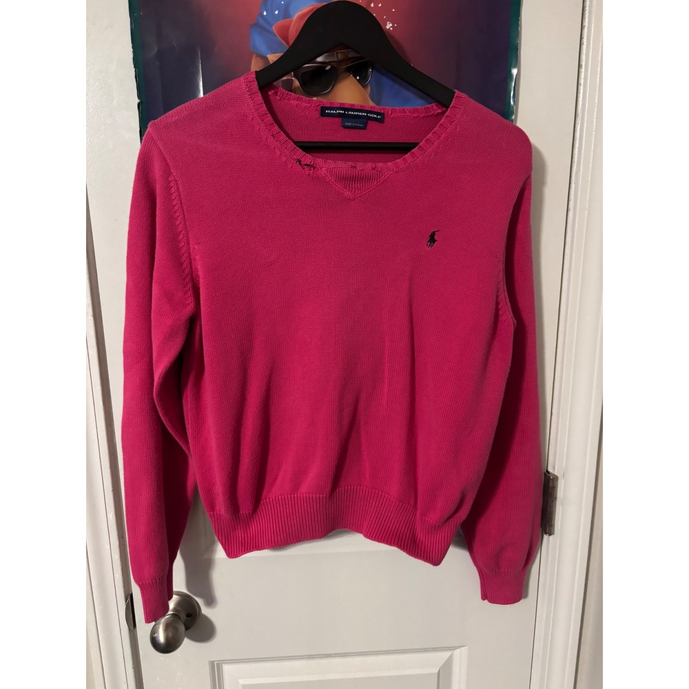 Ralph Lauren Golf Pink V-Neck Cotton Knit Sweater Womens Long Sleeve Distressed